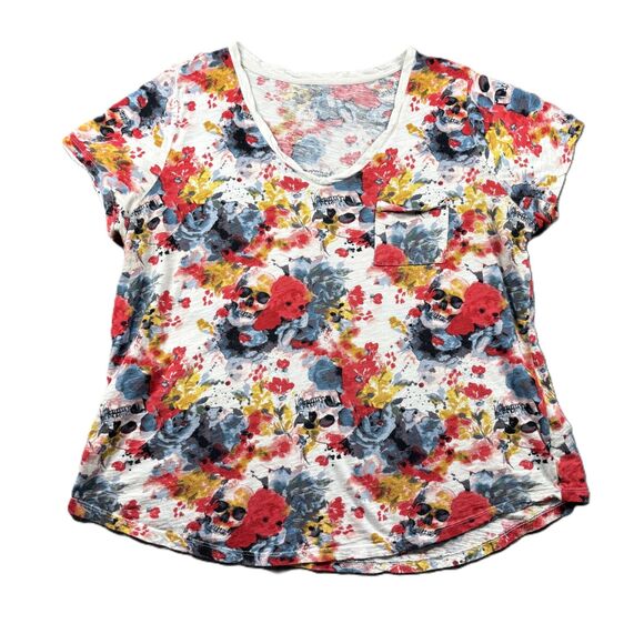 Torrid Classic Fit Tee Top Skulls Floral V-Neck Rock Punk Grunge Size 1 1X H211 - Picture 1 of 10
